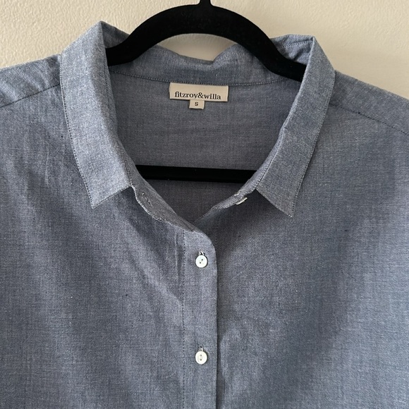Fitzroy & Willa Blue Cotton Short Puff Sleeve Button Down Top Small Preppy Chic - Picture 5 of 6